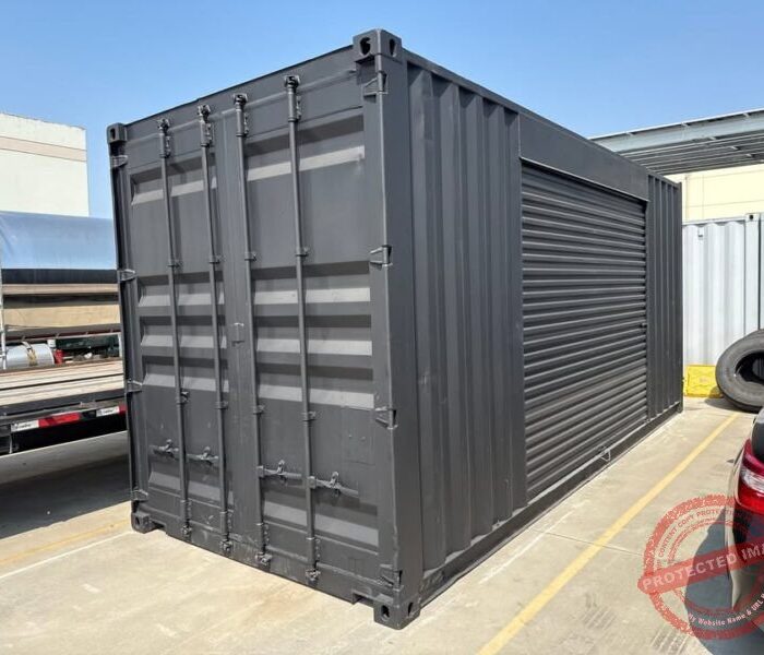 20ft Used Shipping Container – Matte Black w/ 12’ Side Roll-Up Door